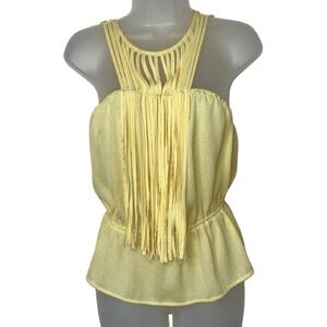 Yellow Fringe Cut Out Sheer Mesh Halter Top Peplum Flounce Boho Summer Small